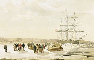 Invalids are evacuated from HMS Investigator in Mercy Bay, by Samuel Gurney Cresswell, the ship's artist, who commanded the sledge party depicted. Investigator in Mercy Bay.jpg