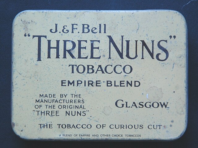 A 2-ounce (57 g) tin for J&F Bell "Three Nuns" tobacco