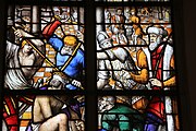 English: Detail of the stained-glass window number 59 in the Sint Janskerk at Gouda, Netherlands: "The mocking of Christ"