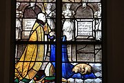 English: Detail of the stained-glass window number 61 in the Sint Janskerk at Gouda, Netherlands: "The bearing of the Cross"