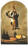 Stilleben med hare, anka, brödskiva, ost och vinflaskor (1742). Louvren, utställd på Salongen, Paris.