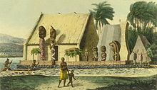 A depiction of a royal heiau (Hawaiian temple) at Kealakekua Bay, c. 1816 Jean-Pierre Norblin de La Gourdaine (after Louis Choris), Temple du Roi dans la baie Tiritatea (c. 1816, published 1822).jpg