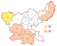 Constituencies in Jharkhand for the Lok Sabha. Numbers represent the constituency number noted in the table.