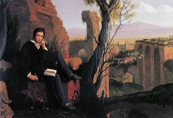 Posthumous Portrait of Shelley Writing Prometheus Unbound in Italy – painting by Joseph Severn, 1845