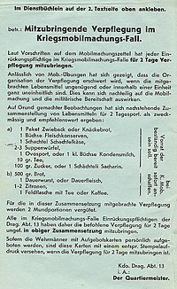 Mobilization leaflet for food to be brought along during World War II (Swiss Army)