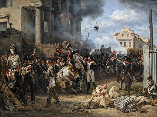 The defense of Clichy during the battle, painting by Horace Vernet (1820). In the centre, Marshal Moncey gives his orders to goldsmith Jean-Baptiste O