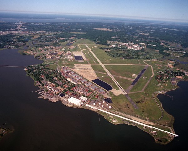 Langley Air Force Base as seen from over Chesapeake Bay