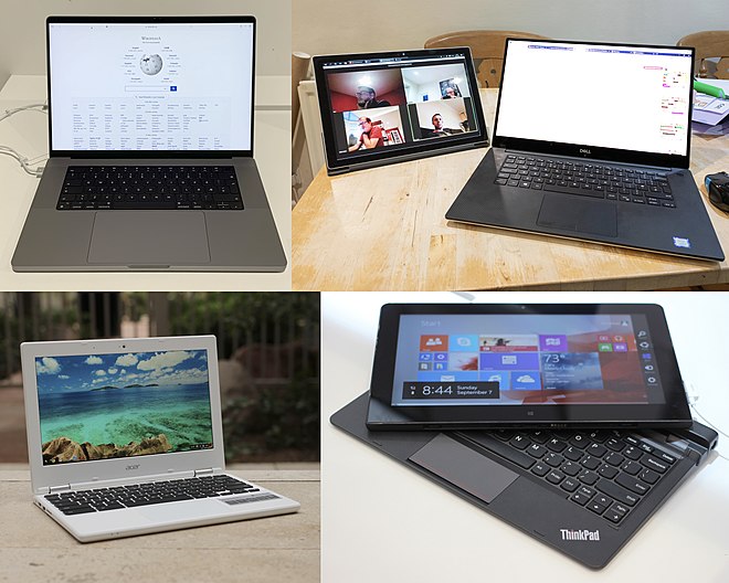 Clockwise from top left: A 2021 MacBook Pro by Apple Inc.; a 2019 Microsoft Surface Pro 7 with detachable hinge (left) and a 2018 Dell XPS 15 9570 with 360 degree hinge (right); a 2014 ThinkPad Helix by Lenovo with detachable screen; and a 2014 Acer Chromebook 11
