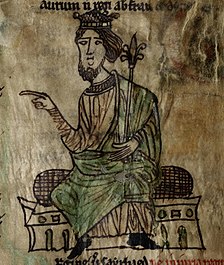 King Hywel Dda depicted in a 13th-century manuscript Laws of Hywel Dda (f.1.v) King Hywel cropped.jpg