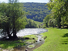 Paisaje campestre con río, árboles y prados.