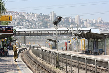 Lev HaMifratz train station, Haifa, looking towards Mount Carmel