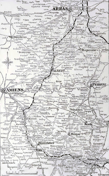 Map of the German spring offensive; over ten days, the 66th Division retreated from east of Peronne, off the centre right of the map, to outside Amiens, on the centre left. Limit of the German advance during Operation Michael, March-April 1918.png