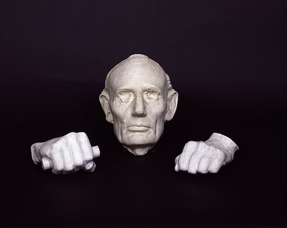 1860: life mask of Lincoln's face and hands by sculptor Leonard Volk