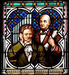 Beethoven and Bruckner commemorated on a stained glass window of the Linz Cathedral Linzer Dom - Fenster - Beethoven und Bruckner deriv bg.jpg
