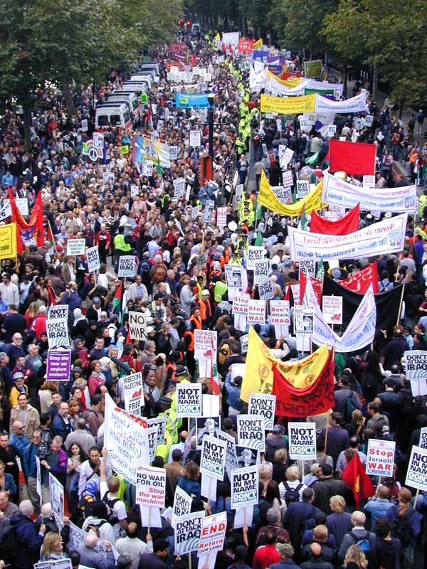 Anti-war protest in London, September 2002. Organized by the British Stop the War Coalition, up to 400,000 took part in the protest.