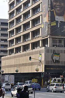 ANC headquarters at Luthuli House, where MKMVA members clashed with protesters. Luthuli House.jpg