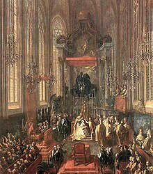 Maria Theresa being crowned Queen of Hungary in the St. Martin's Cathedral, Pressburg (Bratislava) Maria Terezia koronazasa a Szent Marton szekesegyhazban.jpg