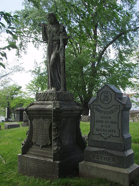 File:Maggie Schusler and John Peter Schusler monuments, Allegheny Cemetery, 2015-05-12.jpg