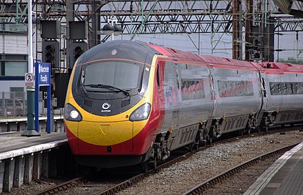 A Class 390 Pendolino at Manchester Piccadilly. The Class 390 was designed for 140 mph (225 km/h), but is currently limited to 125 mph (201 km/h) due to a lack of cab signalling which is required by regulations for trains to be permitted to operate at more than 125 mph.