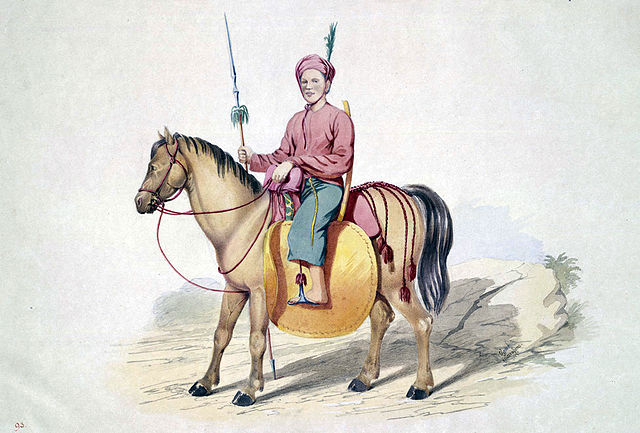 An 1855 watercolour of a Kathe horseman in the Burmese royal service