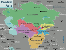 Map of the countries of Central Asia, Afghanistan (occasionally included), the Caspian Sea, and surrounding countries Map of Central Asia.png