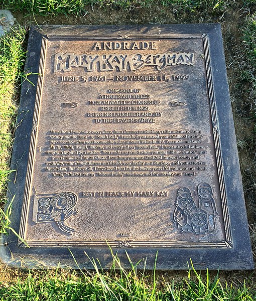 Grave of Mary Kay Bergman, at Forest Lawn Memorial Park, featuring etchings of characters she voiced on South Park