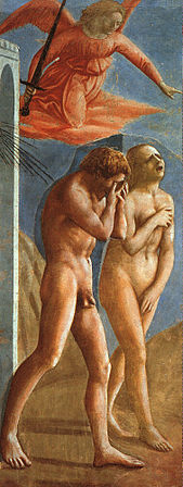 Adam et Eve pleurant survolés par un ang