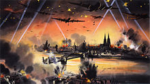 Official British war art imagining a bombing raid on Cologne. The city's cathedral is clearly visible. It survived the war, despite being hit dozens of times by Allied bombs. Mass bomber raid on Cologne.jpg