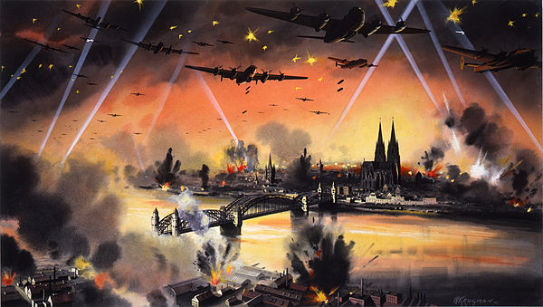 Official British war art imagining a bombing raid on Cologne. The city's cathedral is clearly visible. It survived the war, despite being hit dozens o