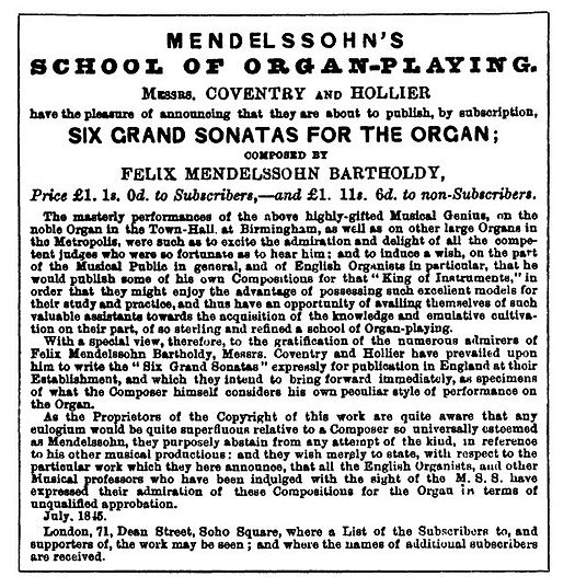 Advertisement for the Organ Sonatas in the Musical World, 24 July 1845 Mendelssohn oregan sonatas.jpg