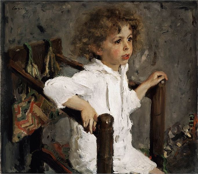 Картина мальчик с куклой на фоне окна