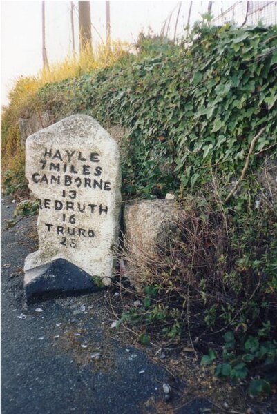 File:Old Milestone by the A30, Eastern Green, south of Gulval - west face (geograph 6048124).jpg