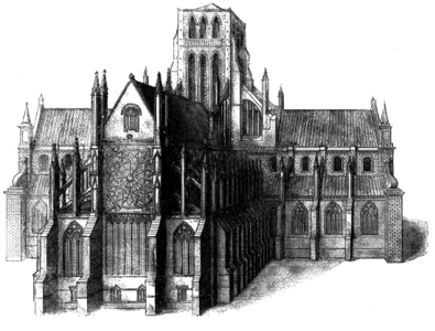 Engraving of St Paul’s at a later date showing the rose window. The spire has been lost.