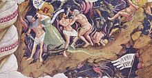 Una piccola sezione di un affresco gravemente danneggiato che mostra persone condannate all'inferno.  Mentre orribili demoni si aggrappano a loro, gli umani stanno tentando di perseguire i loro metodi malvagi di omicidio e seduzione, apparentemente ignari del loro stato precario sull'orlo di un pozzo.