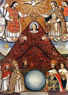 The Potosi Madonna depicts the Cerro Rico in Potosi with the face of the Virgin Mary, evoking the Andean earth mother Pachamama. The Holy Trinity, Christian angels and saints, and the Sun and Moon (which the Incas saw as gods) are shown at the top of the painting, and Spanish authorities look on from below, while an Inca in royal garb is seen on the hill itself. PMa BOL 107 Potosi.jpg