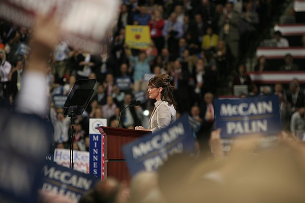 Palin speaking at the 2008 Republican National Convention in St Paul, Minnesota.