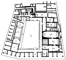 Plan of the so-called Stabian Baths in Pompeii. Through the main entrance 1 and the side entrance 8 one enters the Palaestra 2; to the right of this is 3 a tiled lane on which 9 stone balls were rolled, two of which are found here, 10 place of an overseer of the palaestra (?). Further to the left is the swimming pool (natatio) 6 and next to it two covered rooms 5 and 7, each originally containing a shallow pool, about 0.65 m deep, into which a jet of water fell from the west wall. They were probably used for washing up and showers; but in 7 the basin has been filled in later and the space has been used for other purposes. 4 dressing room with traces of cupboards on the walls. On the right at the palaestra the actual bathrooms: 21-25 men's, 16-19 women's bathroom, in the middle between the two the furnace 20. Namely 24 + 25 and 16 are apodyteria, this with two separate street entrances 15, 17, that with two vestibules 26, 27 containing benches for the waiting servants. 22 frigidarium, while 16 contains in a corner the pool for the cold bath. 18, 23 tepidaria, 19, 21 caldaria, both with alveus at one end and labrum at the other. Finally, in corridor 13, with entrance from the street and from the palaestra, there are four single cells that have not been used recently, each with a brick tub, and privy 14. (Description from August Mau - Paulys Realencyclopadie der classischen Altertumswissenschaft, 1896, Band II,2, Sp. 2751-2752) Pauly-Wissowa II2 2751-Stabianer-Thermen-Pompeii.png