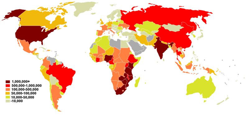 People living with HIV/AIDS (CIA), in absolute numbers for the year of 2008. Large numbers of people live with HIV even in countries with relatively low HIV prevalence levels due to their large populations.