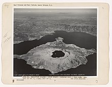 Aerial view of Taal Volcano in Lake Taal, circa 1930s