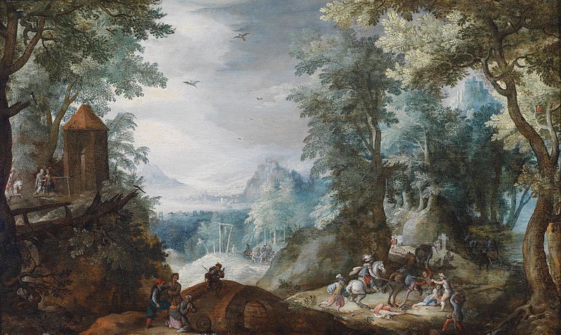 File:Pieter Schoubroeck Bewaldete Landschaft mit einem Überfall.jpg