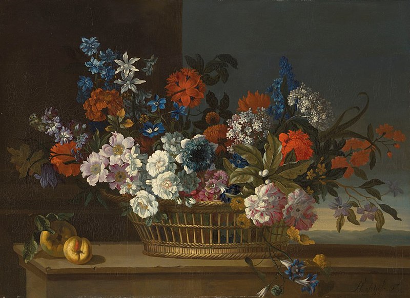 File:Pieter casteels iii flowers in a basket with peaches on a table a land.jpg