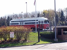 Pittsburgh PCC 4001 as a static display in front of the South Hills Village depot, 2004. Pittsburgh PCC 4001.jpg