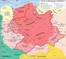 Poland expanded under its first two rulers. The dark pink area represents Poland at end of rule of Mieszko I (992), whereas the light pink area represents territories added during the reign of Boleslaw I (died 1025). The dark pink area in the northwest was lost during the same period. Polska 992 - 1025.png