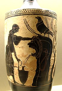Représentation d'une fontaine grecque antique sur un vase.