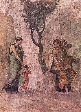 Fresque de Pompéi représentant Péitho (à gauche) menant Éros à Aphrodite et Antéros, vers 25 av. J.-C., Musée national archéologique de Naples.