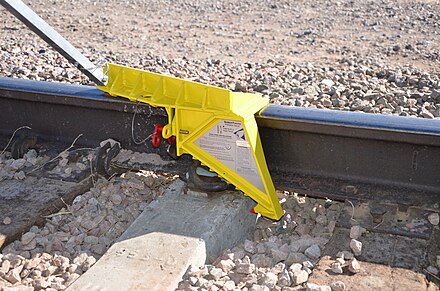 Aldon Company portable derail installed on concrete railroad ties