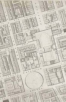 Portland Place is the wide street at the top of this 1790s map. At that time it terminated abruptly to the south at the gardens of Foley House. PortlandPlace1799 edited.jpg