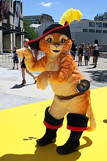 A costume of the character Puss in Boots being used to promote the film of the same name. Puss in Boots, 2011, Australia-2.jpg