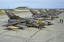 Tornado GR1s of Nos. 31, 17, 14 and XV (R) Squadrons lined up at CFB Goose Bay, June 1992 RAF Panavia Tornado GR1A.jpg