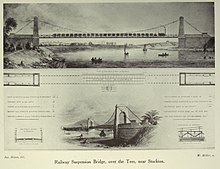 Drawings of the original 1830 Stockton Railway Bridge Railway suspension bridge over the Tees near Stockton.jpg